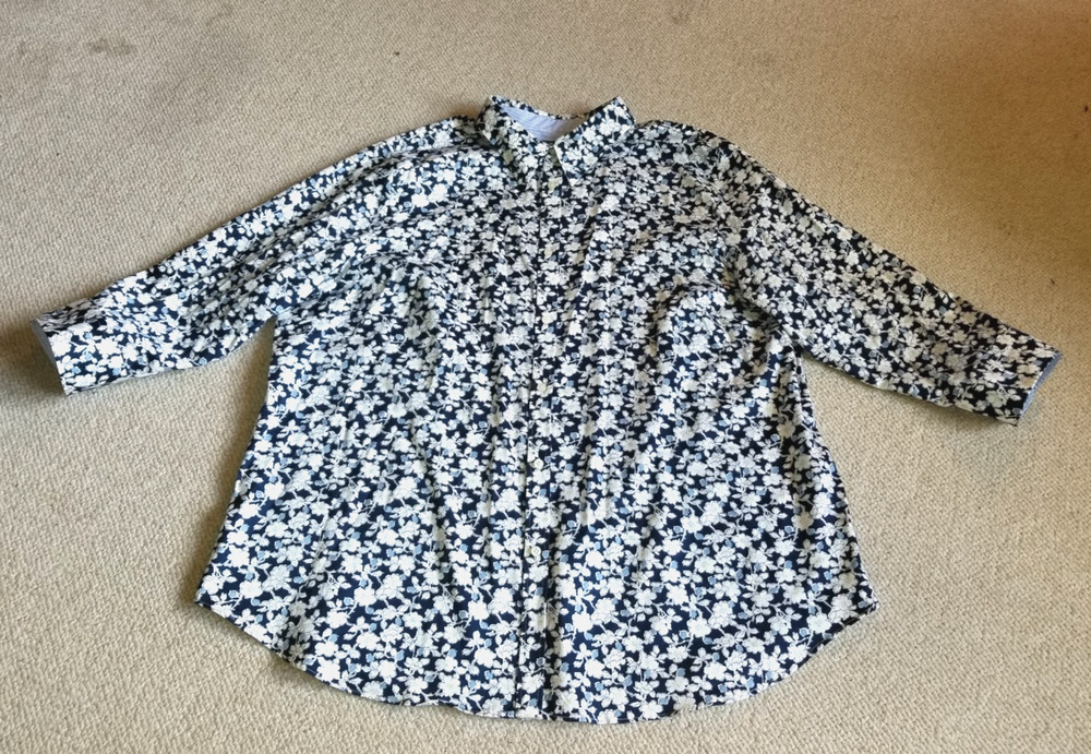 Womens Top-CHAPS RALPH LAUREN-navy/white floral button-up "No Iron" 3/4 slv-1X